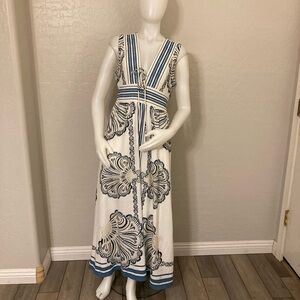 Christian Lacroix Linen Blend Blue and White Seashell Maxi Dress Small